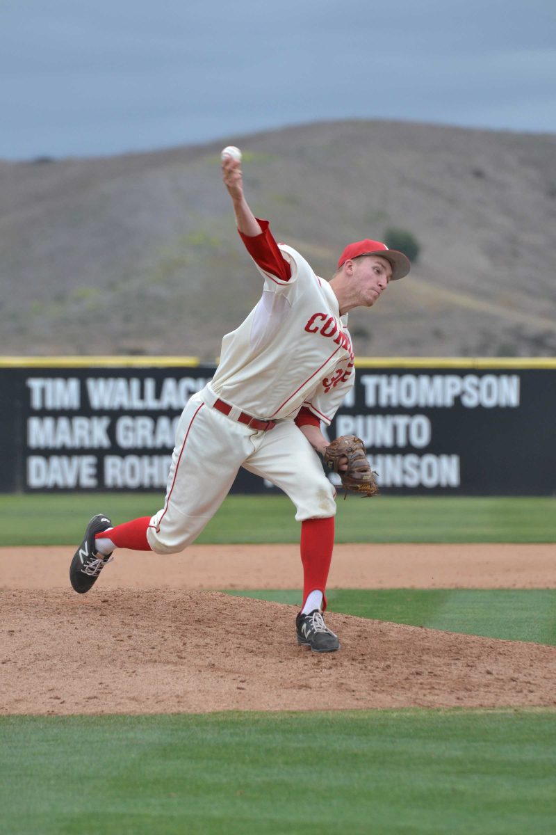 Braden Olthoff delivers pitch to home plate