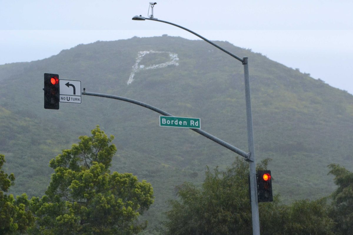 The stoplight on Borden road with the Palomar P in the background in the rain. (Blake Northington/The Telescope)