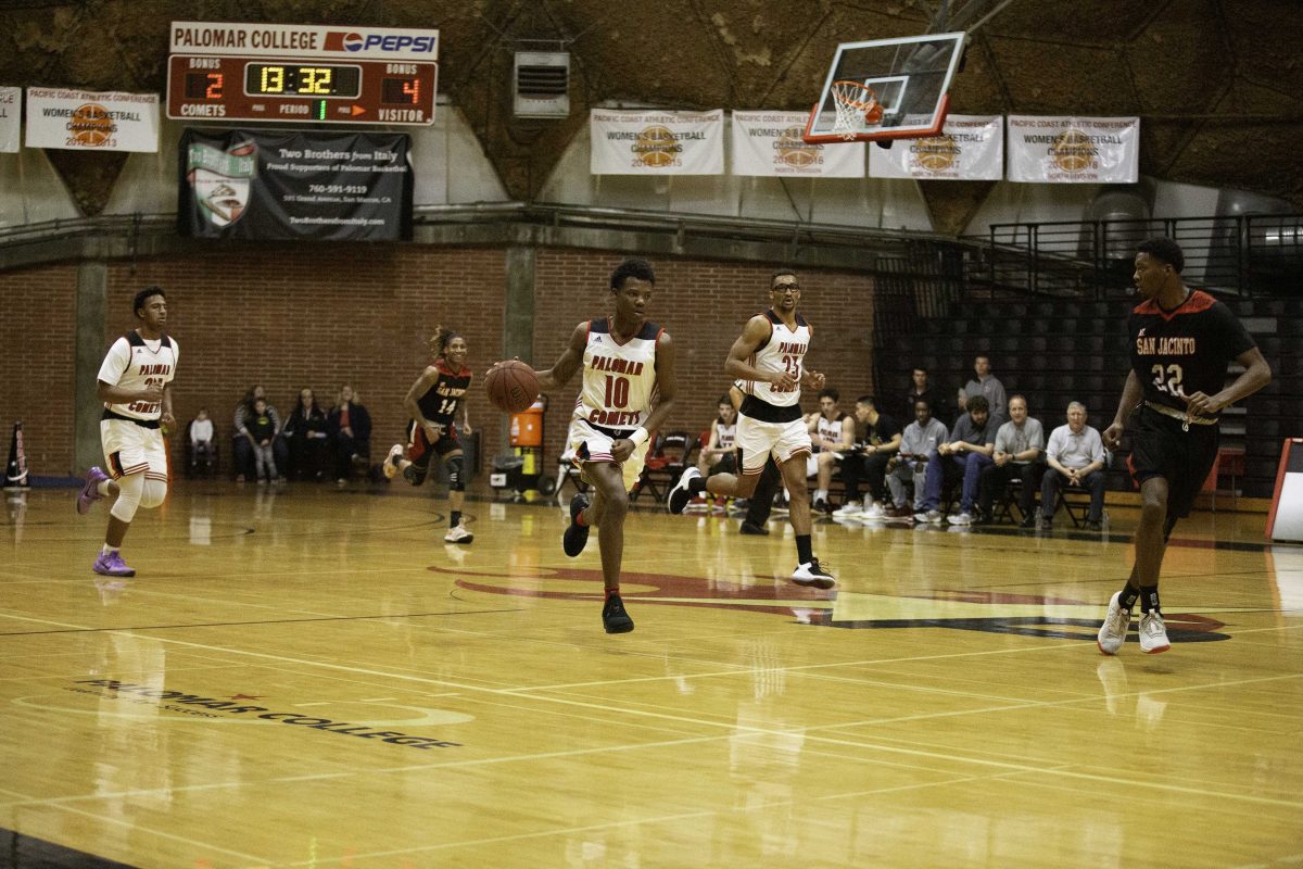 Palomar Comet player Caleb Lowe dribbling