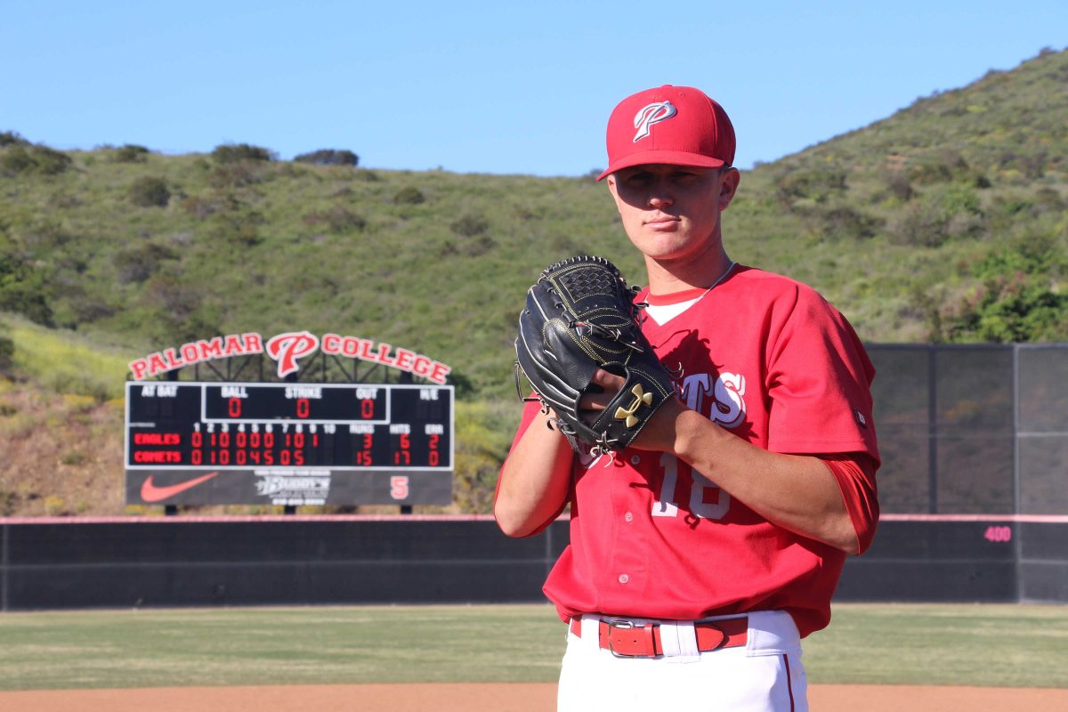 A male Palomar baseball player stands with his hands together near his chest with his left hand in a mitt. A scoreboard stands in the background at the baseball field.