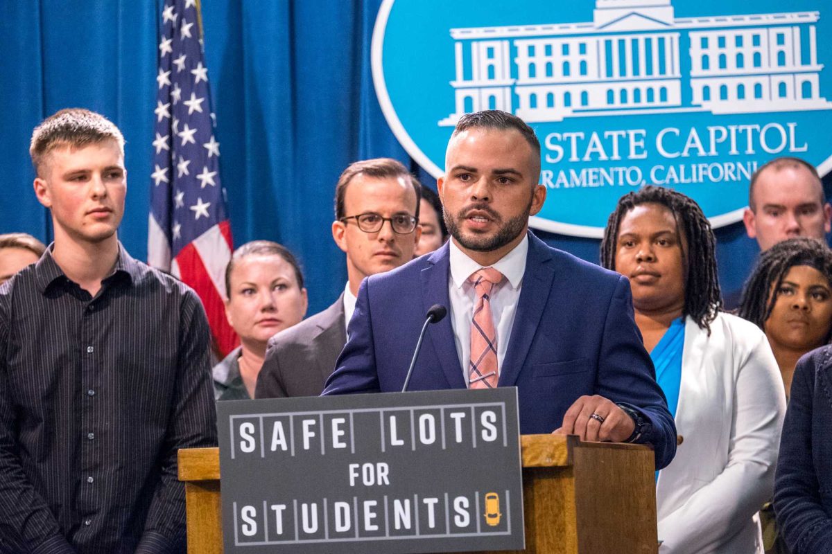 Anthony White speaks in front of the media at a press conference about Assembly Bill 302 preceeding the hearing at the State Assembly on April 2, 2019. (Sukhi Heumann/The Telescope)