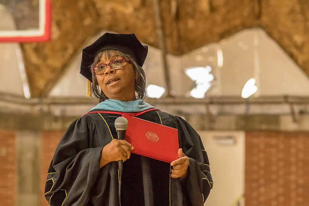 Joi Lin Blake, Ed.D., Superintendent/President of the Palomar Community College District talks to the graduating students in the Dome before the commencement ceremony at Palomar College in San Marcos, Calif. on May 26, 2017. (Joe Dusel/The Telescope)