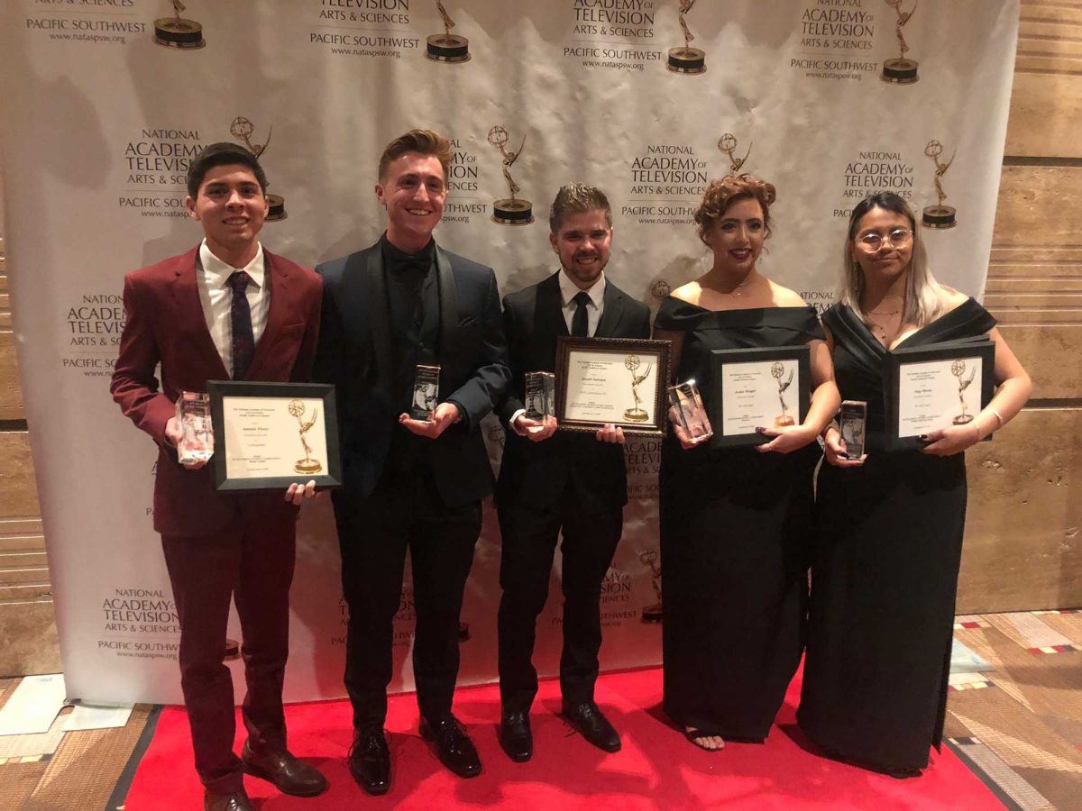 Digital Broadcasting students (l-r) Antonio Flores, Jordan Spurgeon, Joseph Jauregui, Jordan Mougier, and Angy Moran received Emmy Awards for their individual film work produced at Palomar College on June 15, 2019. (Jordan Spurgeon/The Telescope)