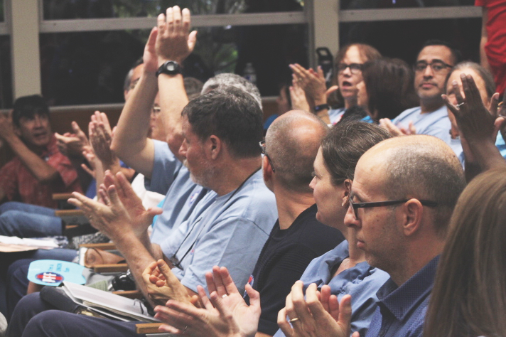 Teresa Laughlin, Co-President of Palomar’s Faculty Union, shares concerns regarding President Blake’s Leadership at the Sept. 10, 2019 Governing Board meeting. (Telescope Staff/The Telescope)