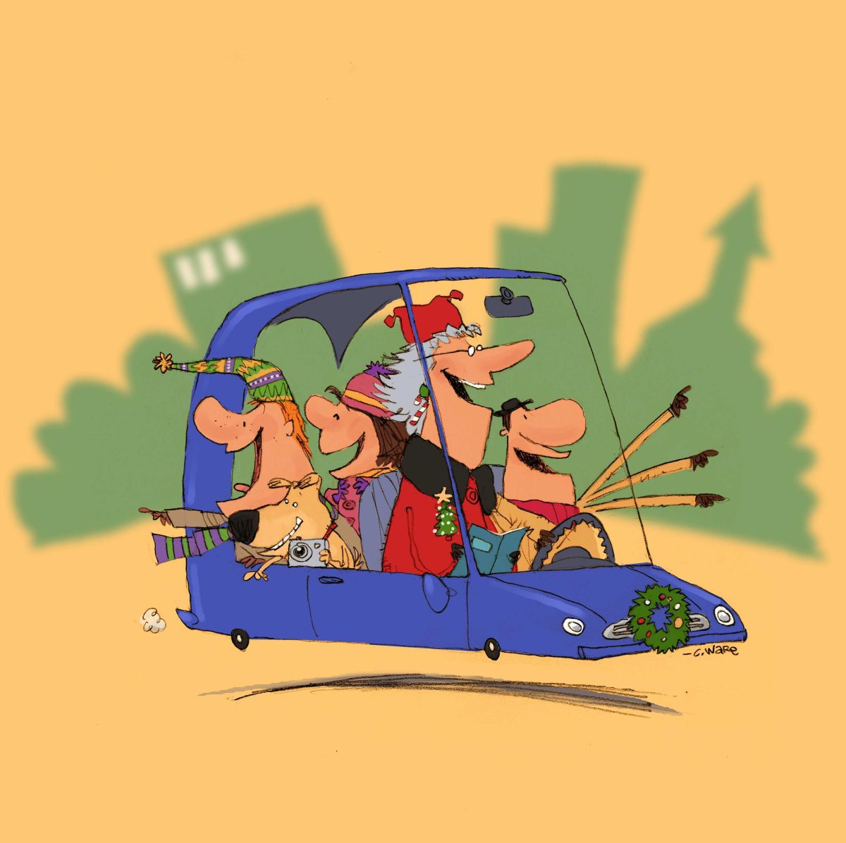 Cartoon of four people and a dog inside a blue car with tiny wheels, which looks like its floating. Two people are pointing and they are all smiling. The dog holds a camera.