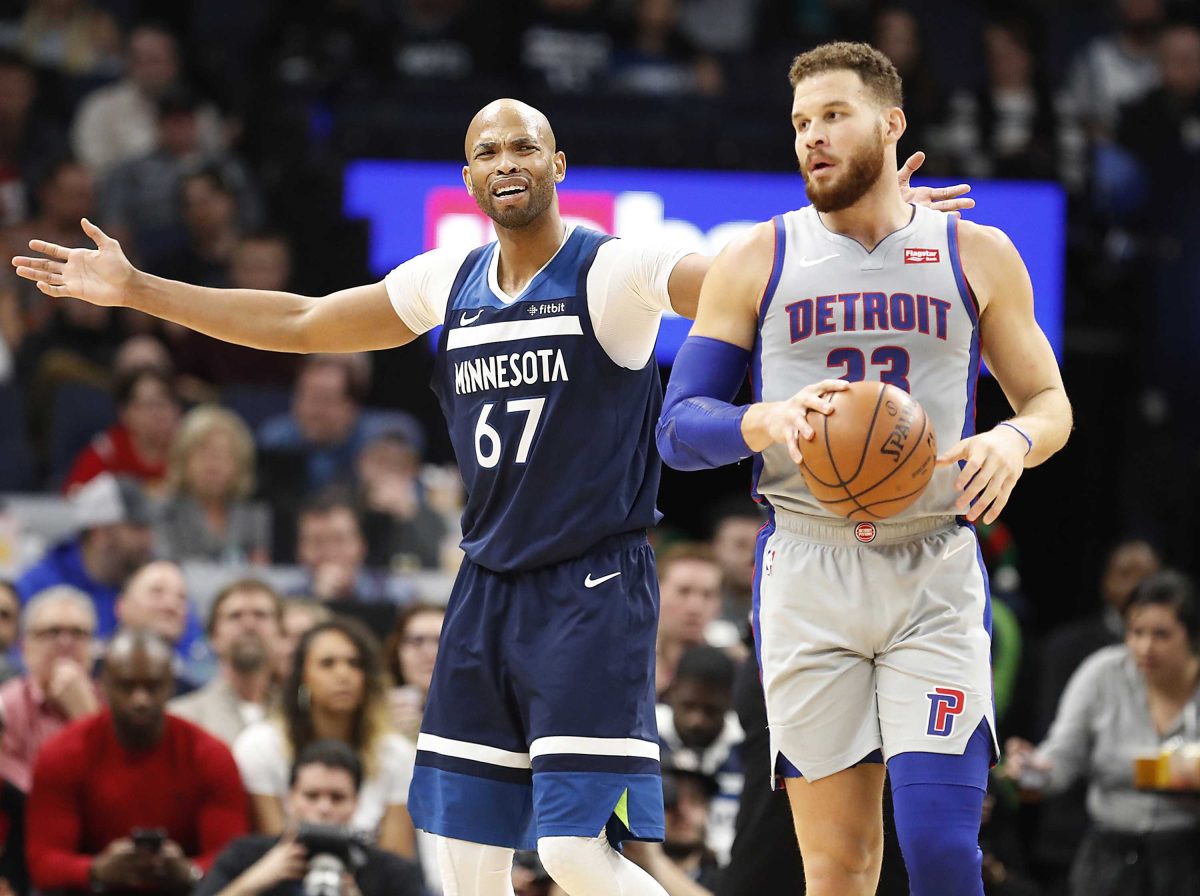 The Minnesota Timberwolves' Taj Gibson (67) reacts to a foul being called on him against the Detroit Pistons' Blake Griffin (23) during the first half at Target Center in Minneapolis on Wednesday, Dec. 19, 2018. (Leila Navidi/Minneapolis Star Tribune/TNS)