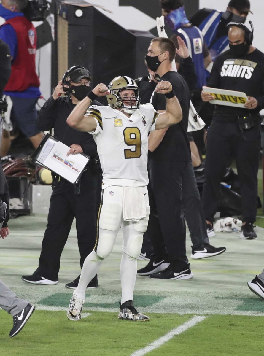 New Orleans Saints quarterback Drew Brees (9) in the fourth quarter against the Tampa Bay Buccaneers on Sunday, Nov. 8, 2020 at Raymond James Stadium in Tampa, Florida. (Dirk Shadd/Tampa Bay Times/TNS)