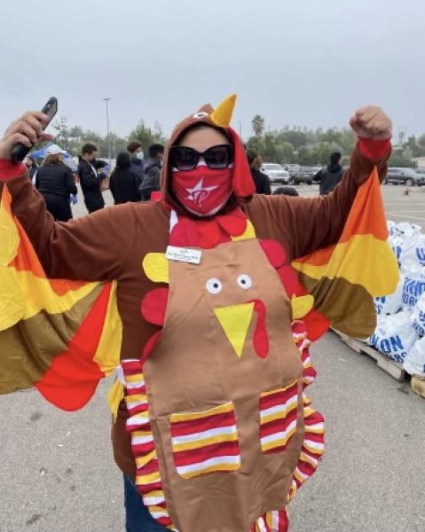 A woman wears an apron shaped like a turkey and stands with her arms flexed to her sides like a bodybuilder. She wears sunglasses, a red Palomar mask, and a light brown long-sleeved shirt.