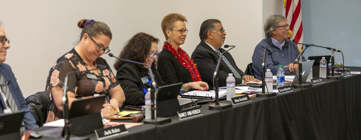 Members of the Palomar College Governing Board listen and take notes as an attendee presents their case on Tuesday, March 10, 2020. (l-r) Jack Kahn, Nancy Ann Hensch, Nina Deerfield, Norma Miyamoto, John Halcón, Mark Evilsizer. ( Adel M. Bautista/The Telescope)