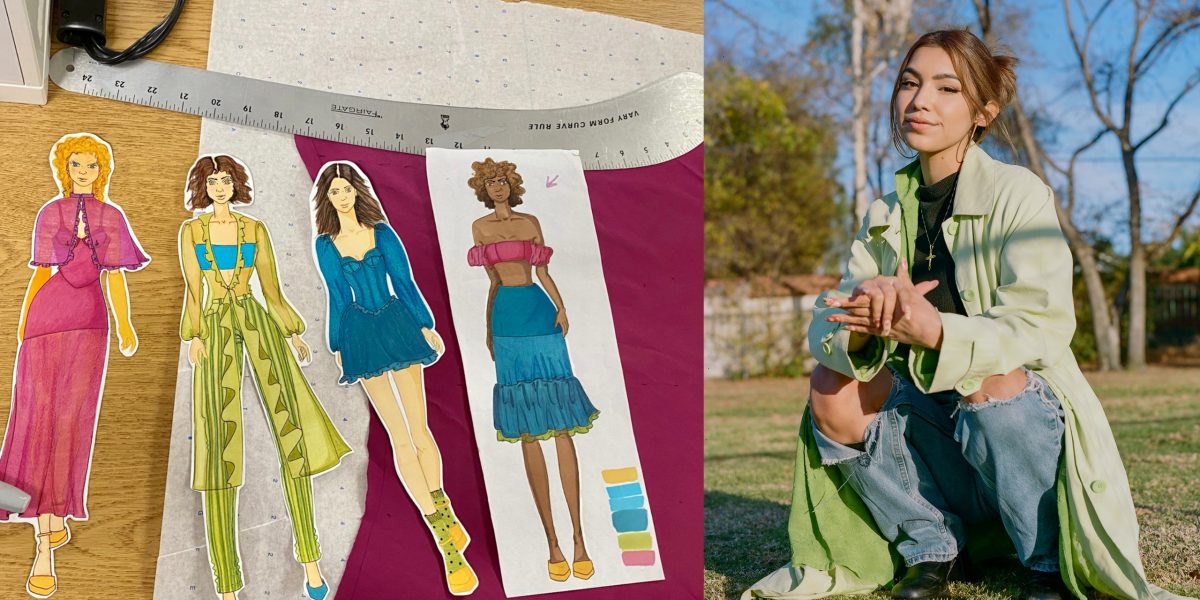 Fashion student Alexis Solorio squats with her hands folded. She wears a lim green overcoat, ripped blue jeans, and a black shirt with a necklace with a cross. Left of her is sample of her fashion drawings of four women in different fashion attire.