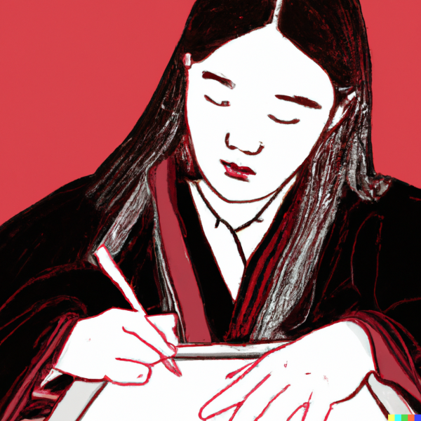 Sketch of a young woman writing.