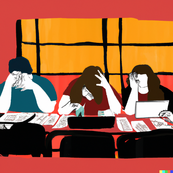 Drawing of three people who appear to be studying on their laptops and notes, looking stressed and bored.