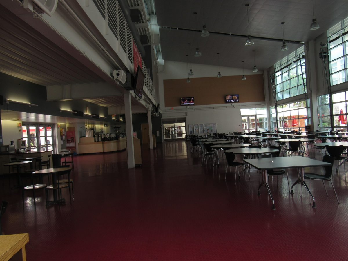 An empty cafeteria at Palomar College during the first week of the COVID-19 pandemic.