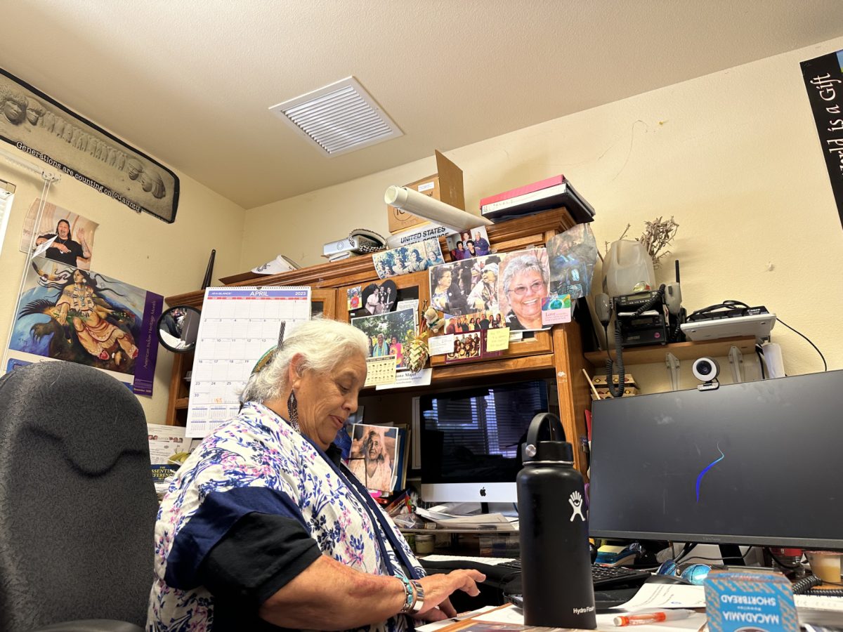 Juana Majel-Dixon sits at her desk at her home office working