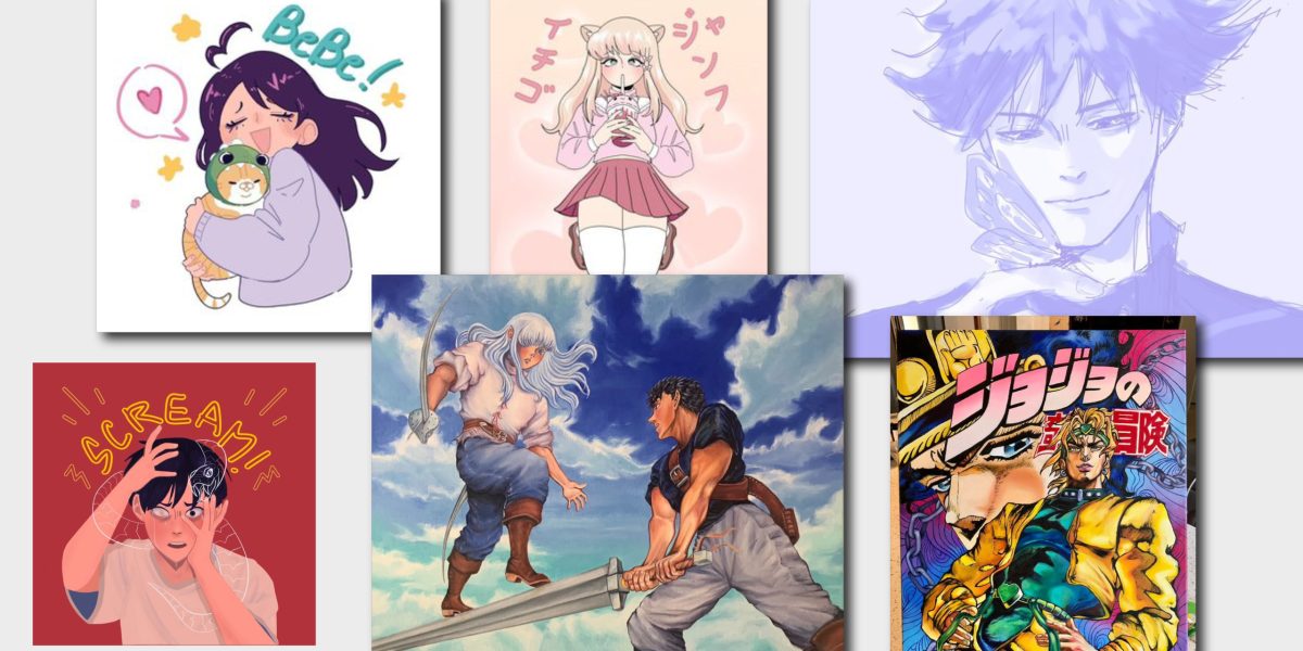 A collage of 6 artworks influenced by anime.