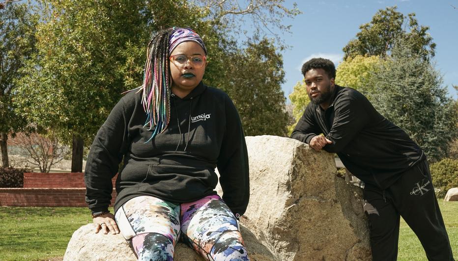 Umoja Club president Eric ’Trey“ Russel (r) and council representative Chanti Turner on Palomar campus. (Photo by Trina McLeary)