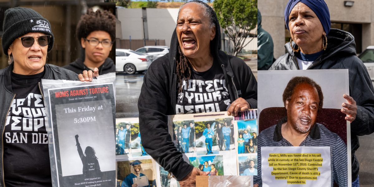 Activists Cheryl Canson, Gina Burns, and Shawn Mills protests outside of the Escondido Police Department.