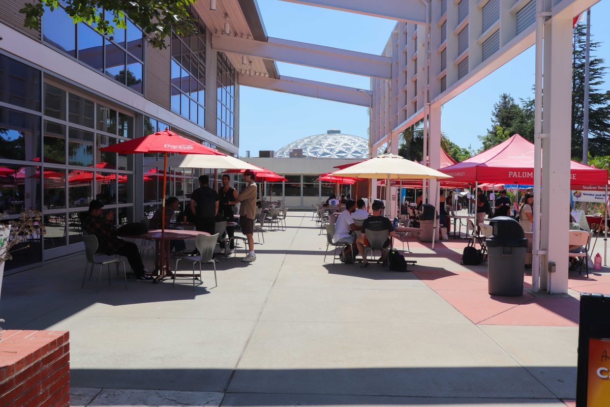 Students gather around the picnic tables outside of the Palomar Student Center.