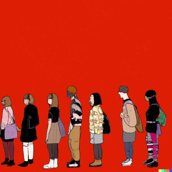 A digital art piece of students waiting in a line generated by DALL·E 2 