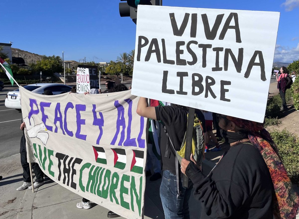 North county citizens join in San Marcos to call for a ceasefire in Palestine. Photo credit: Cynthia Cunningham