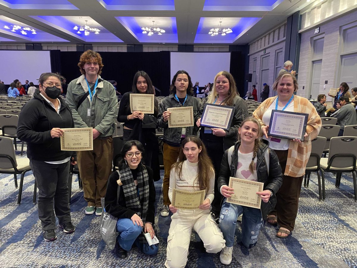 Members of The Telescope and the awards won. (Top row, from left to right: Lisa Burke, Johnny Keeling, Sofia Alvarez, Alex Ortega, Cynnthia Cunningham, Victoria Gudmundson. Bottom row, from left to right: Monica Garcia, Rachel Hyman, Yanna Baradin.) Photo credit: Erin Hiro