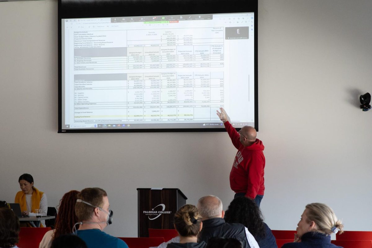 Speaker points to projector to demonstrate topic.