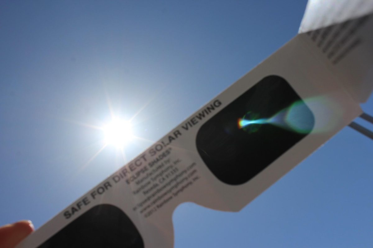 Solar eclipse glasses pointed at the sun during the 2024 solar eclipse. (Photo by: Rachel Hyman)