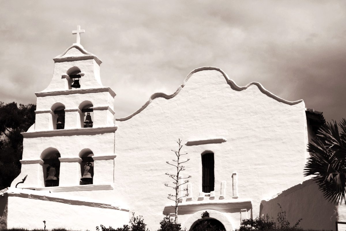 The front of Mission San Diego de Alcala, in San Diego.  Monday, March 18, 2024.  (Photo credit: Charles Rambo/IMPACT Magazine).