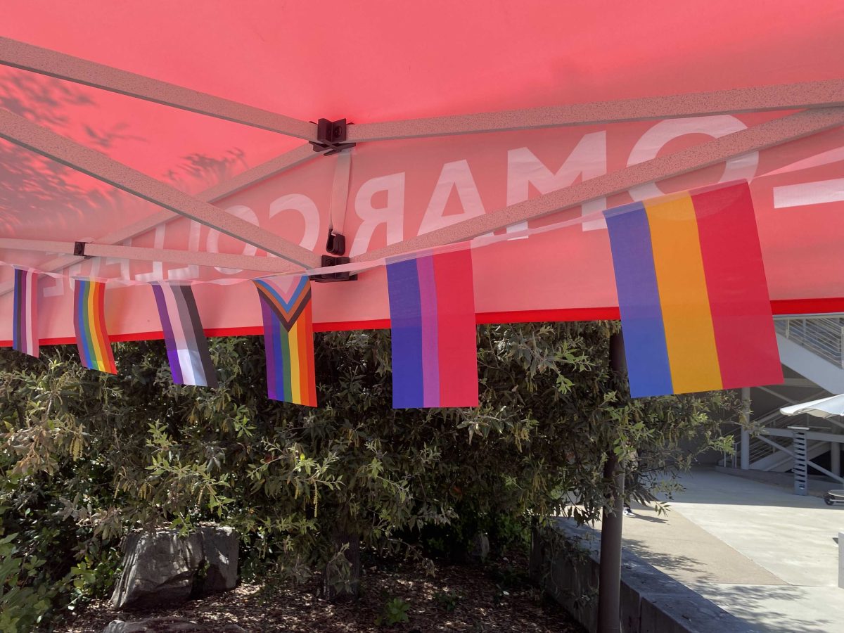 Multiple pride flags decorated the booths at the Student Union. Photo credit: Monica Garcia