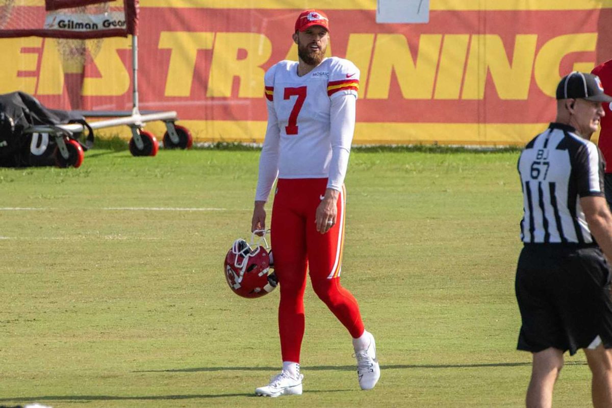 Kansas City Chiefs kicker Harrison Butker (7) walks to the practice field during training camp on July 29, 2023, in St. Joseph, Missouri. (Emily Curiel/The Kansas City Star/TNS)