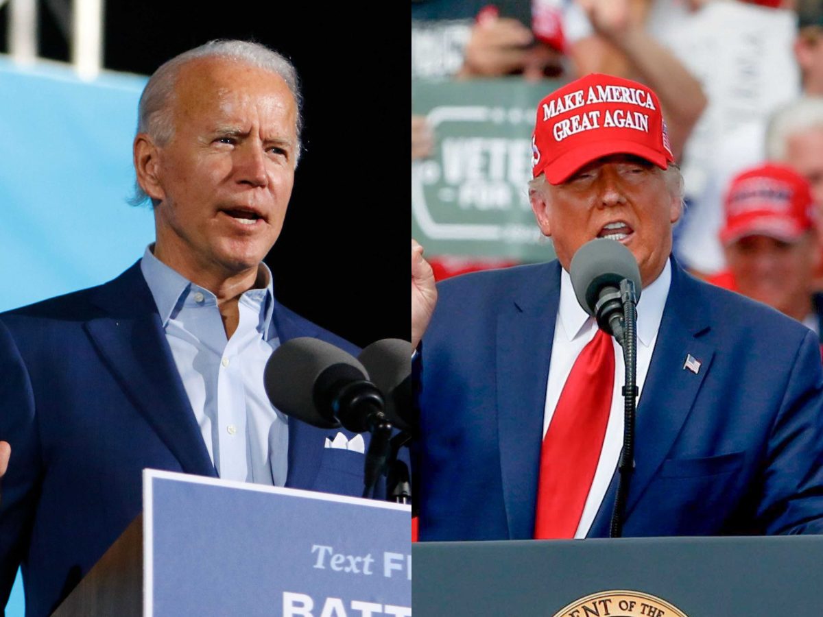 President Joe Biden, left, speaks to a crowd of supporters during a drive-in rally at the Florida State Fairgrounds on Oct. 29, 2020 in Tampa. Former President Donald Trump, right, speaks at a reelection rally outside Raymond James Stadium in Tampa on Oct. 29, 2020. (Luis Santana and Ivy Ceballo/Tampa Bay Times/TNS)