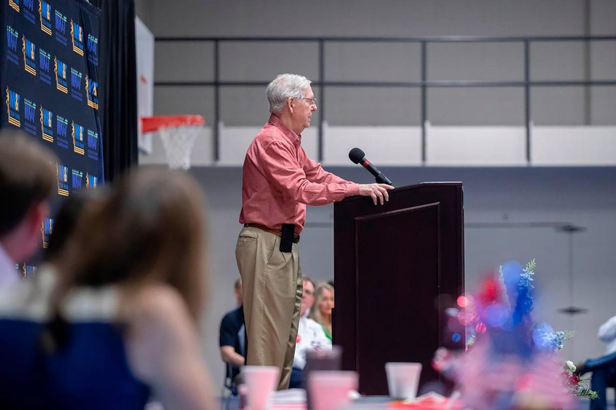 Senate Minority Leader Mitch McConnell (R-Ky.) speaks at the Graves County Republican Party Breakfast at WK&T Technology Park in Mayfield, Kentucky, on Saturday, Aug. 5, 2023. (Ryan C. Hermens/Lexington Herald-Leader/TNS)