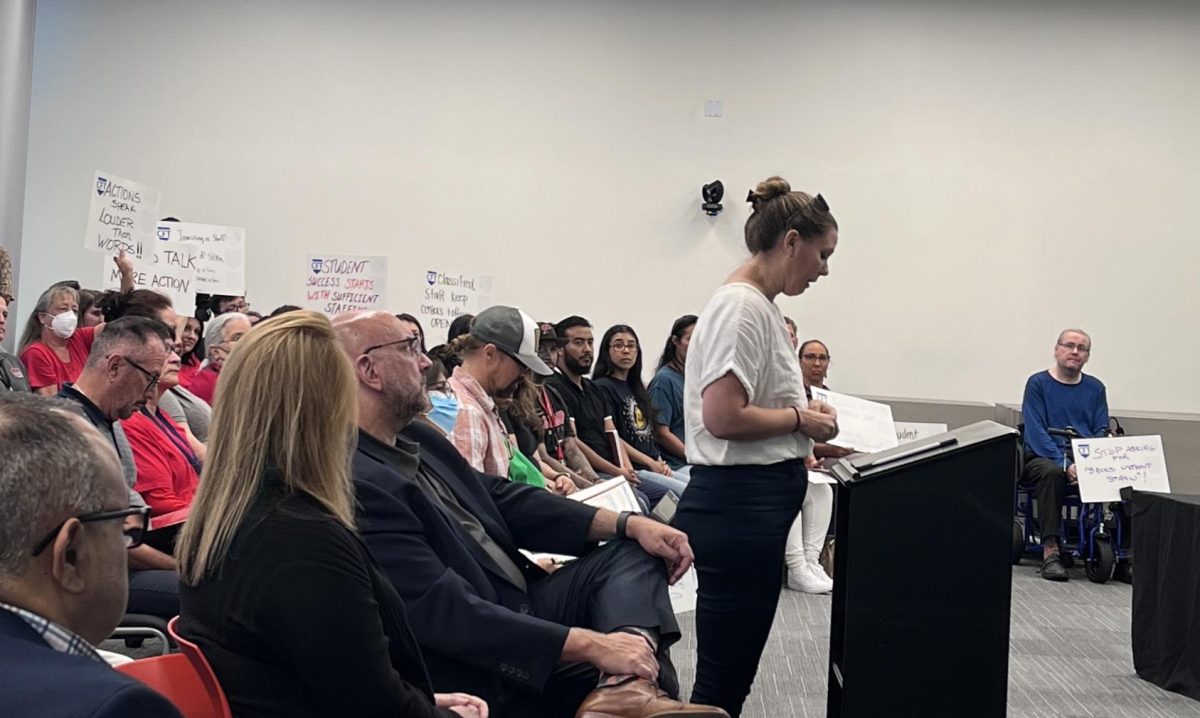 Nicole Siminski, an ESL instructor, read a letter on behalf of the English Second Language (ESL) Department.