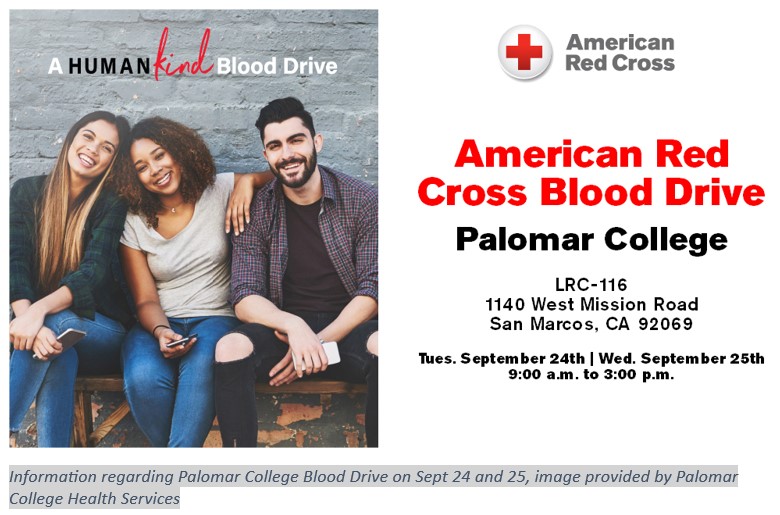 Information regarding the American Red Cross blood drive at Palomar College. (Provided by the Palomar College Student Health Services)