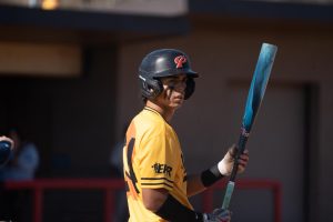 Palomar baseball player in a gold jersey holds his bat upright as he approaches the plate.