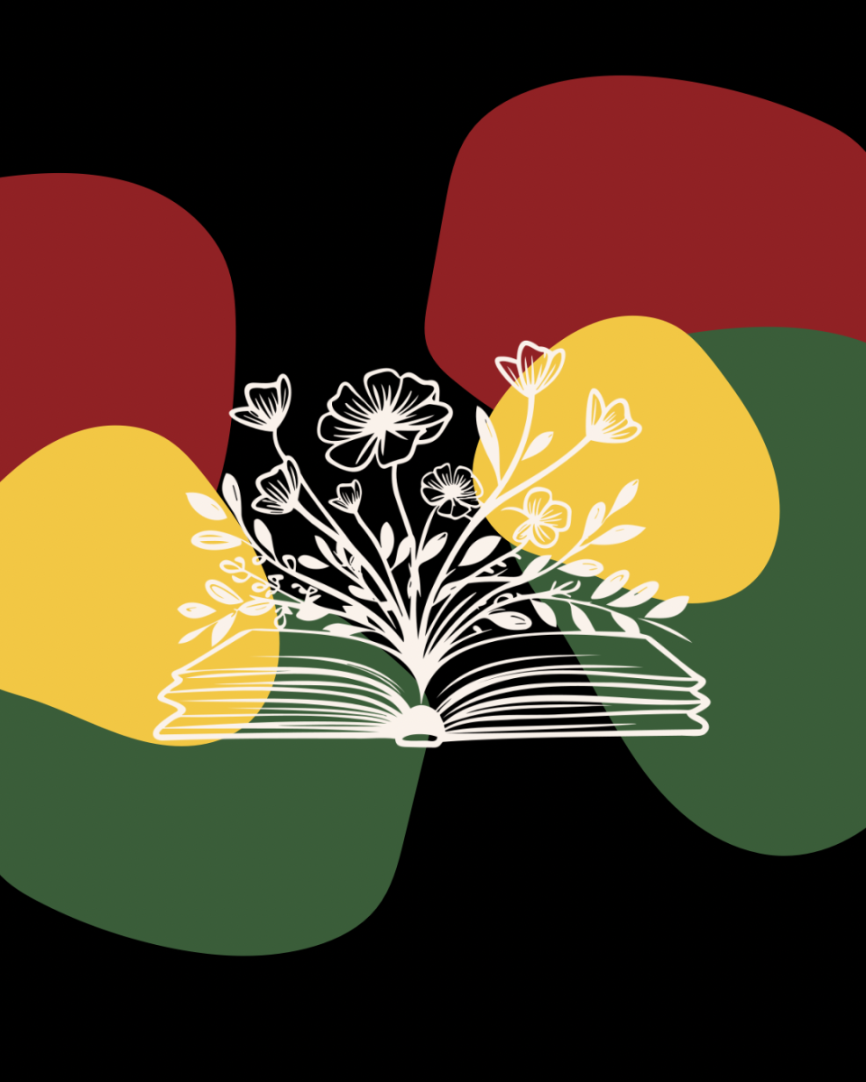 An image with a black baground and red, yellow, and green shapes. In the center of the image is white lineart of an openned book with flowers growing out of it.