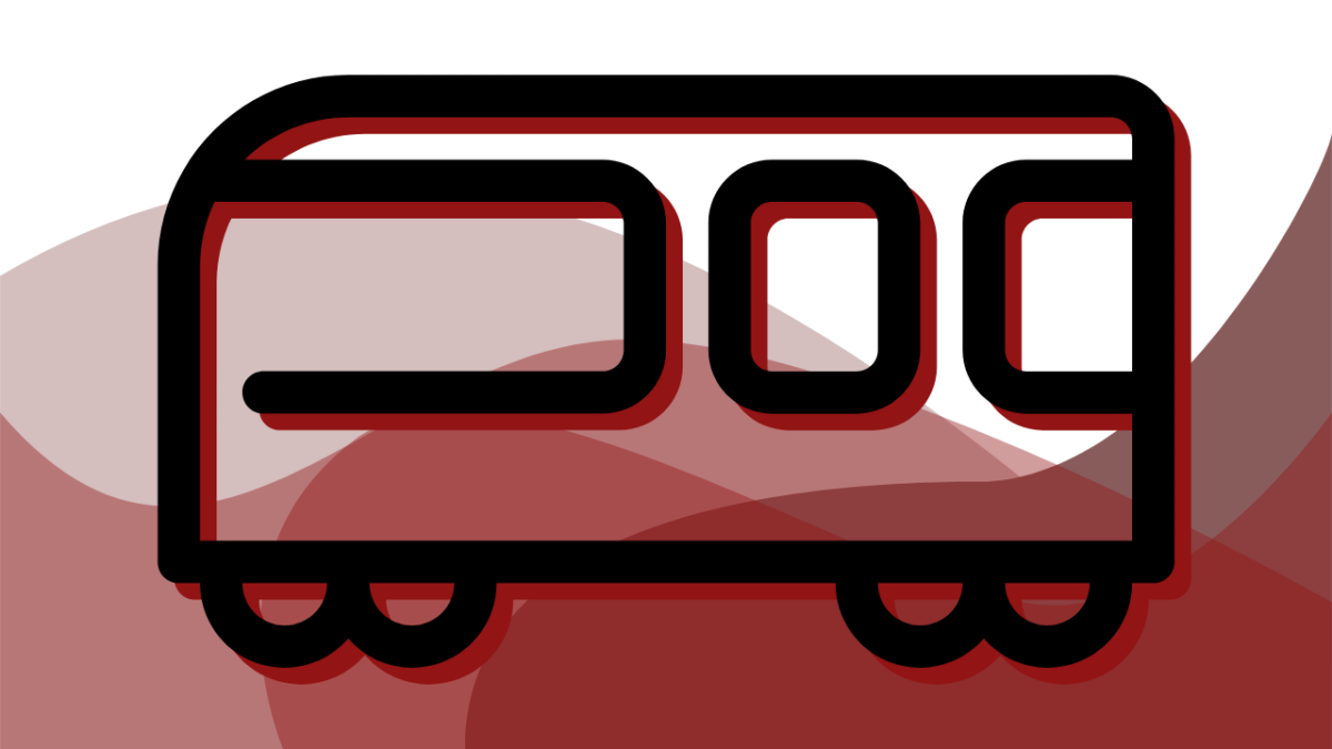 Line art of a train on a background of red waves, created in Canva.