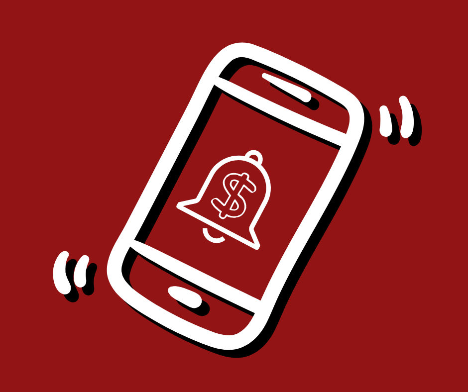 An illustration with a dark red background and white line art depicting a cellphone reciving a notifcation for a direct deposit.