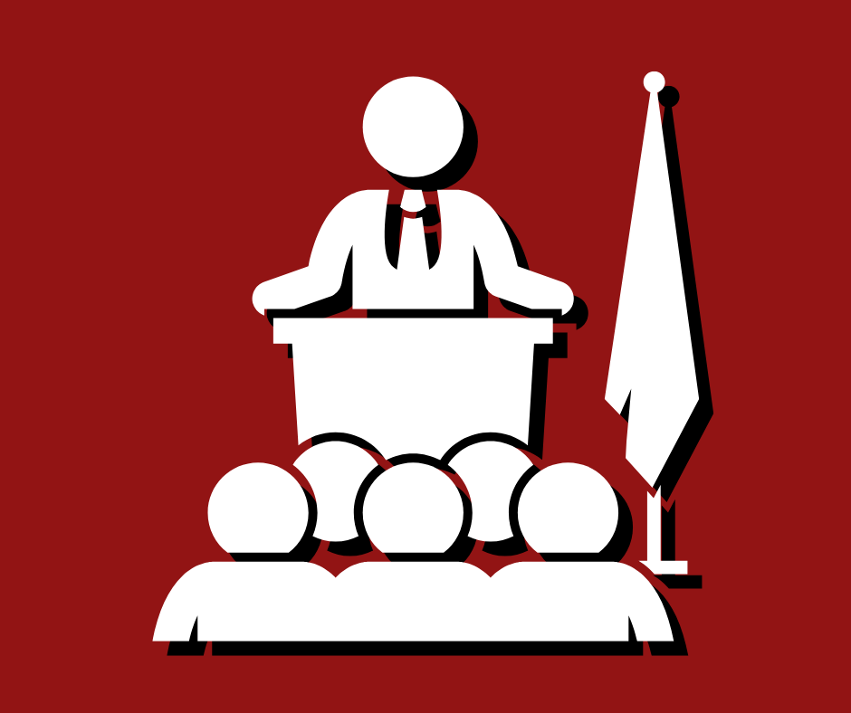 An illustration with a red background and white clip art of a president standing at a podium in front of a group of people.