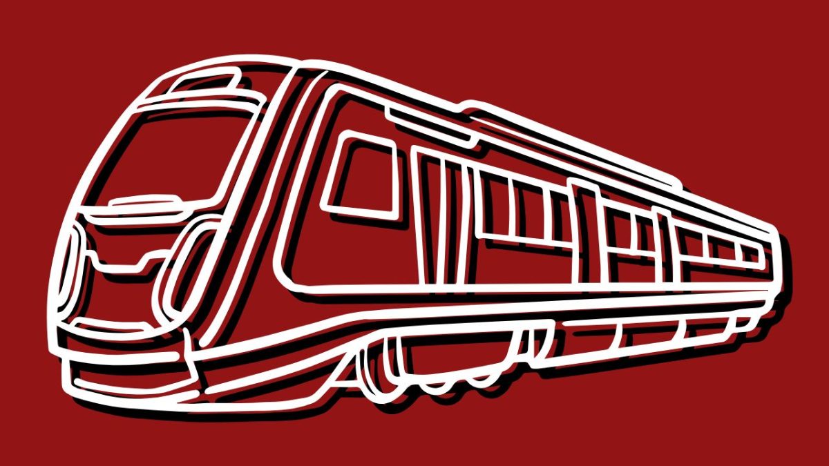 A black and white line art illustration of a rail train on a red background .