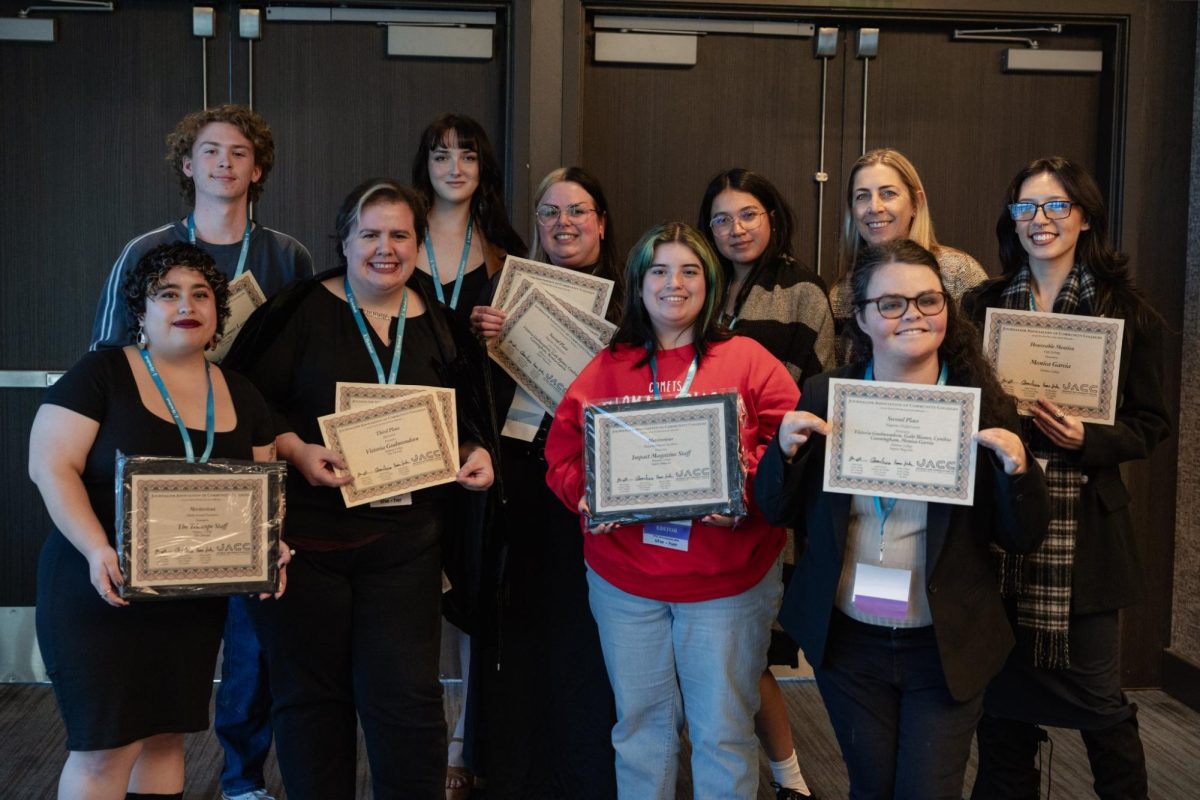 Left to Right: Griselda Garcia, Connor Larson, Victoria Gudmondson, Annabelle Williams, Cyndi Cunningham, Elizabeth Aguilar, Sofia Alvarez, Erin Hiro, Taylor Leonard, and Monica Garcia pose with the awards won by The Telescope.