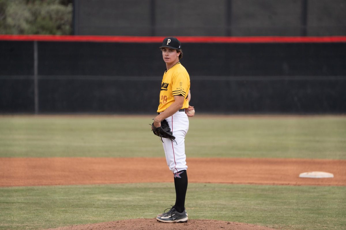 Starting pitcher #28 Ian Mowad is on the mound for the Comets. Palomar defeats San Diego City College 10 - 6 on April 17, 2025, in San Marcos, CA.