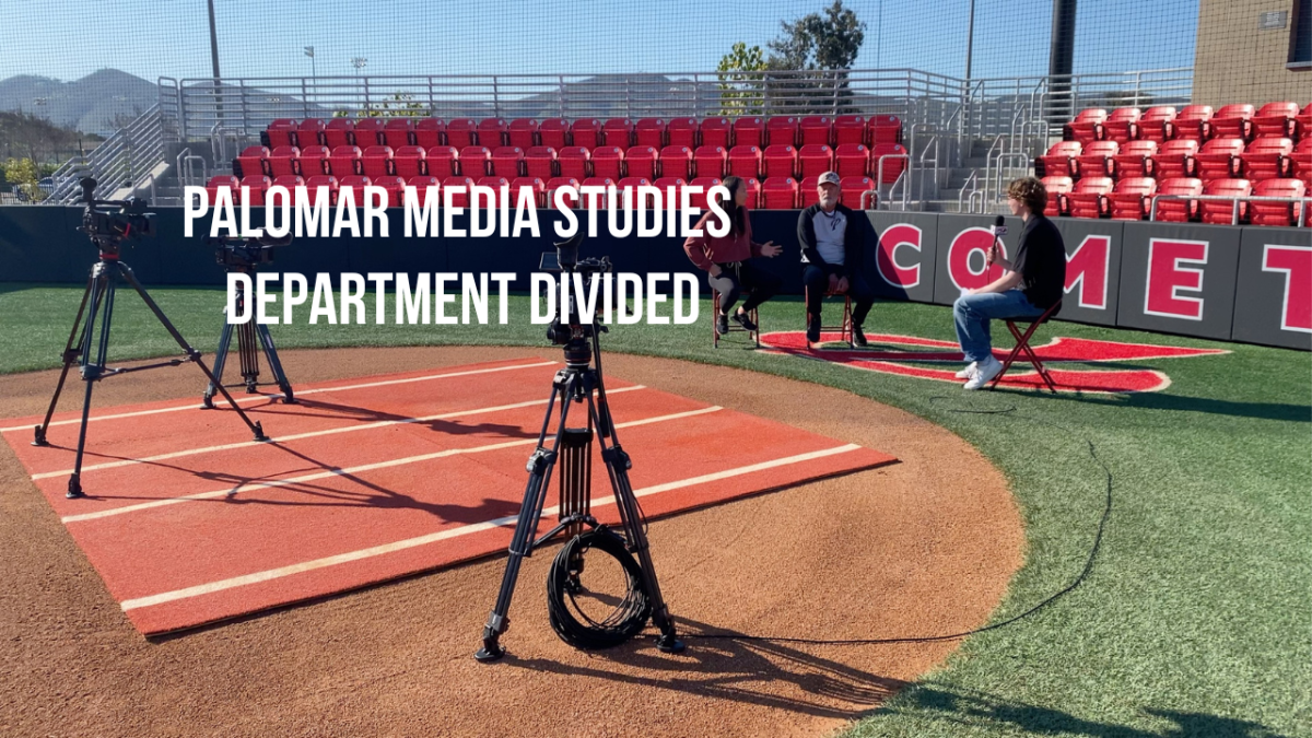 Palomar media studies divided. Connor Larson in an interview with softball coaches Lacey Craft and Mark Eldridge Photo credit: Connor Larson