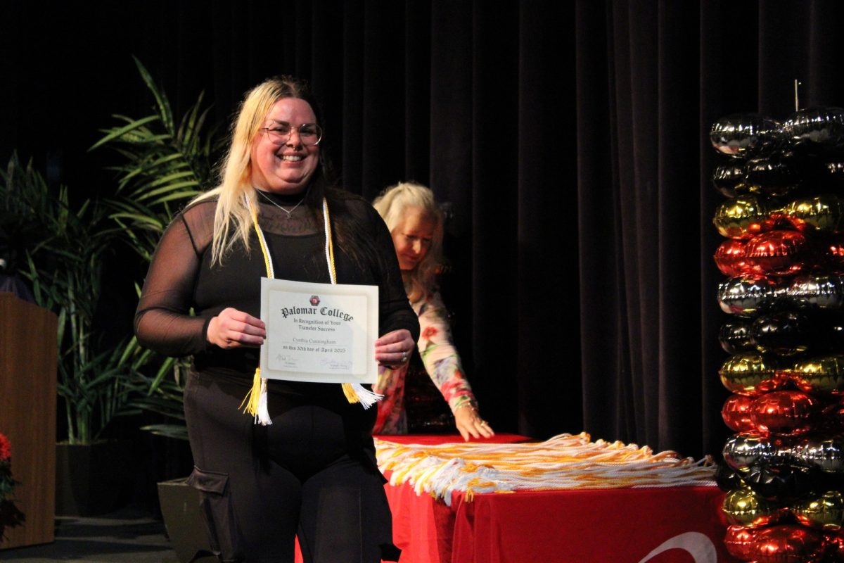 Editor-in-Chief of The Telescope, Cyndi Cunningham, at the Transfer Recognition ceremony at Palomar College on Wednesday, April 30, 2025. Cunningham is transferring to California State University, San Marcos, majoring in Journalism and Chicano Studies. Photo credit: Griselda Garcia