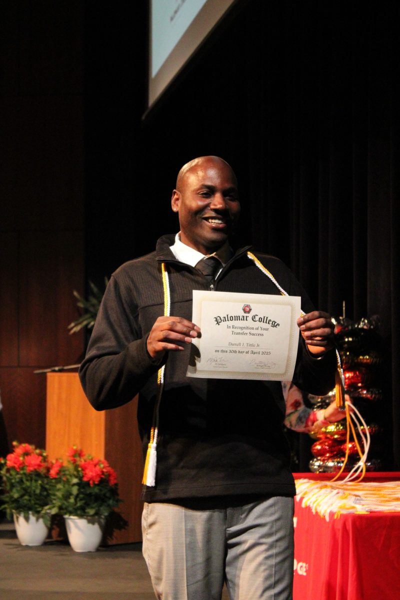 Darrell Tittle at the Transfer Recognition ceremony at Palomar College on Wednesday, April 30, 2025. Tittle is transferring to the University of California, Berkeley, majoring in English and Political Science. Photo credit: Griselda Garcia
