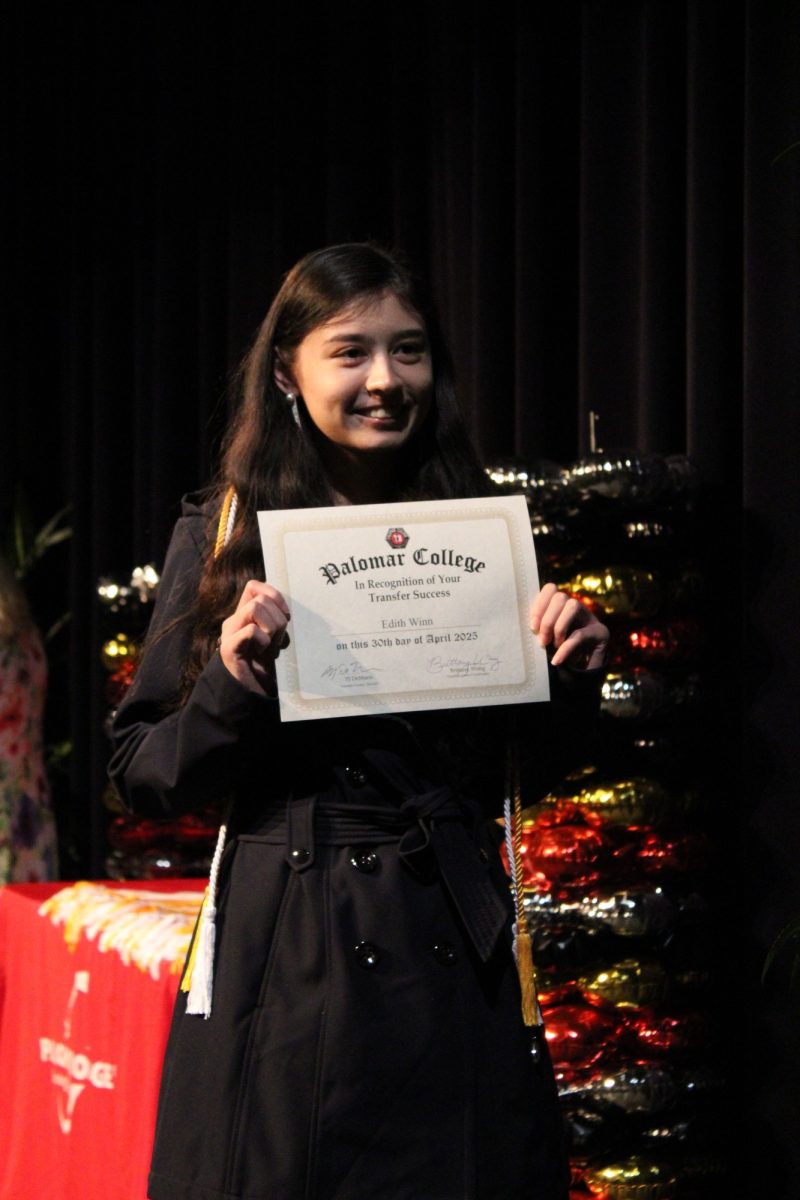 Edith Winn at the Transfer Recognition ceremony at Palomar College on Wednesday, April 30, 2025. Winn is transferring to the University of California, Irvine, majoring in Japanese and Business. Photo credit: Griselda Garcia