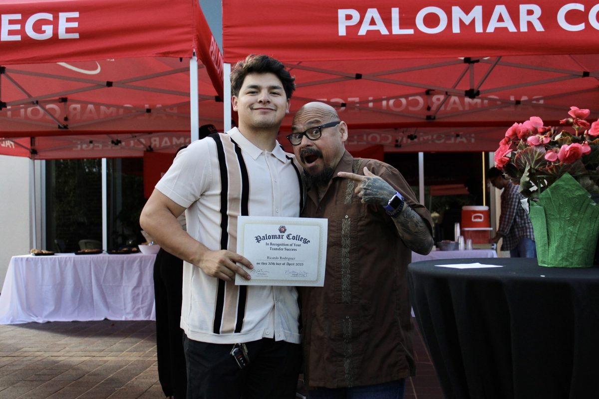 Ricky Rodriguez Jr. (left) with his father, Ricky Rodriguez Sr., outside of the Howard Burbeck Theater at Palomar College on Wednesday, April 30, 2025. Ricky will transfer to San Diego State University, majoring in Graphic Design. Photo credit: Griselda Garcia