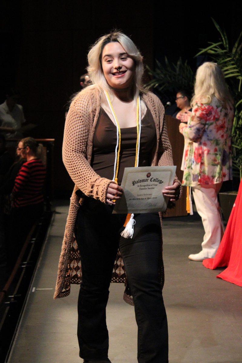Jessica Solorzano at the Transfer Recognition ceremony at Palomar College on Wednesday, April 30, 2025. Solorzano is transferring to San Francisco State University and Majoring in Biology with a concentration in Molecular and Cellular Biology. Photo credit: Griselda Garcia