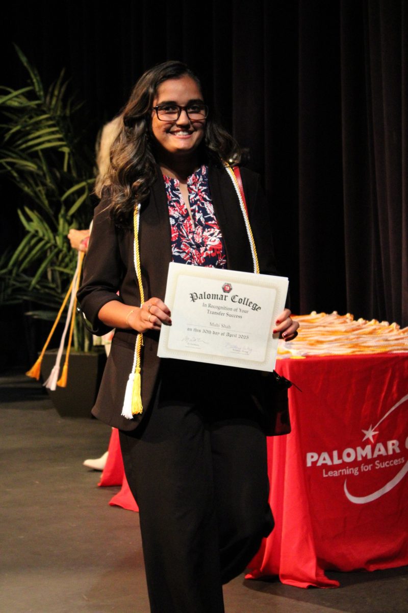 Mahi Shah at the Transfer Recognition ceremony at Palomar College on Wednesday, April 30, 2025. Shah is transferring to San Diego State University, majoring in Business Administration. Photo credit: Griselda Garcia