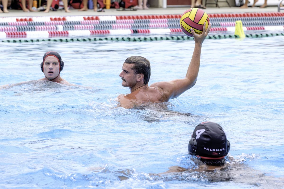 Palomar College’s Merrick Au (#2) is throwing a goal.